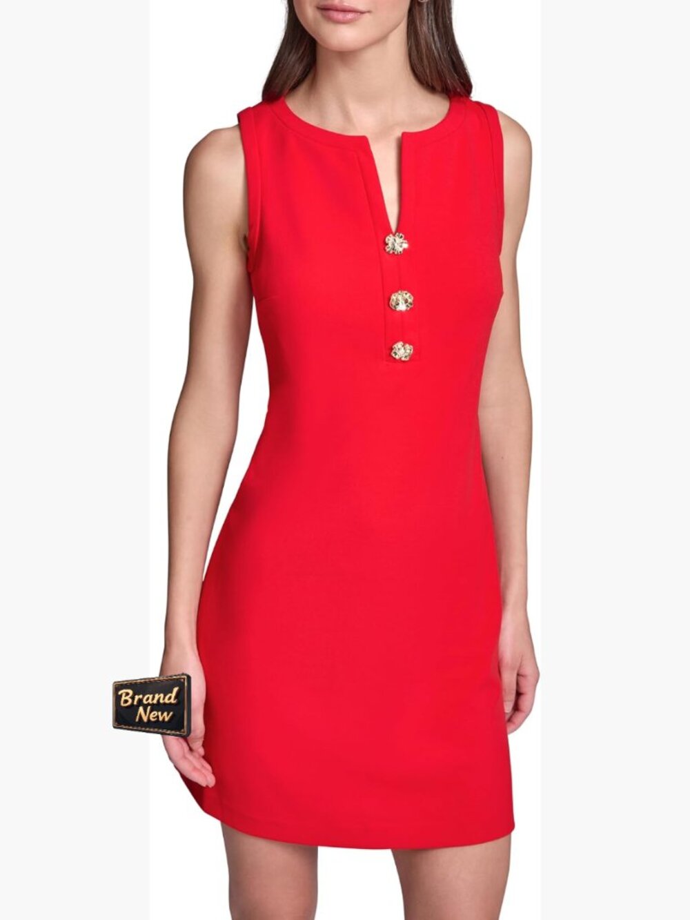 Sleeveless V-Neck Mini Sheath Dress with Gold Buttons Size 6